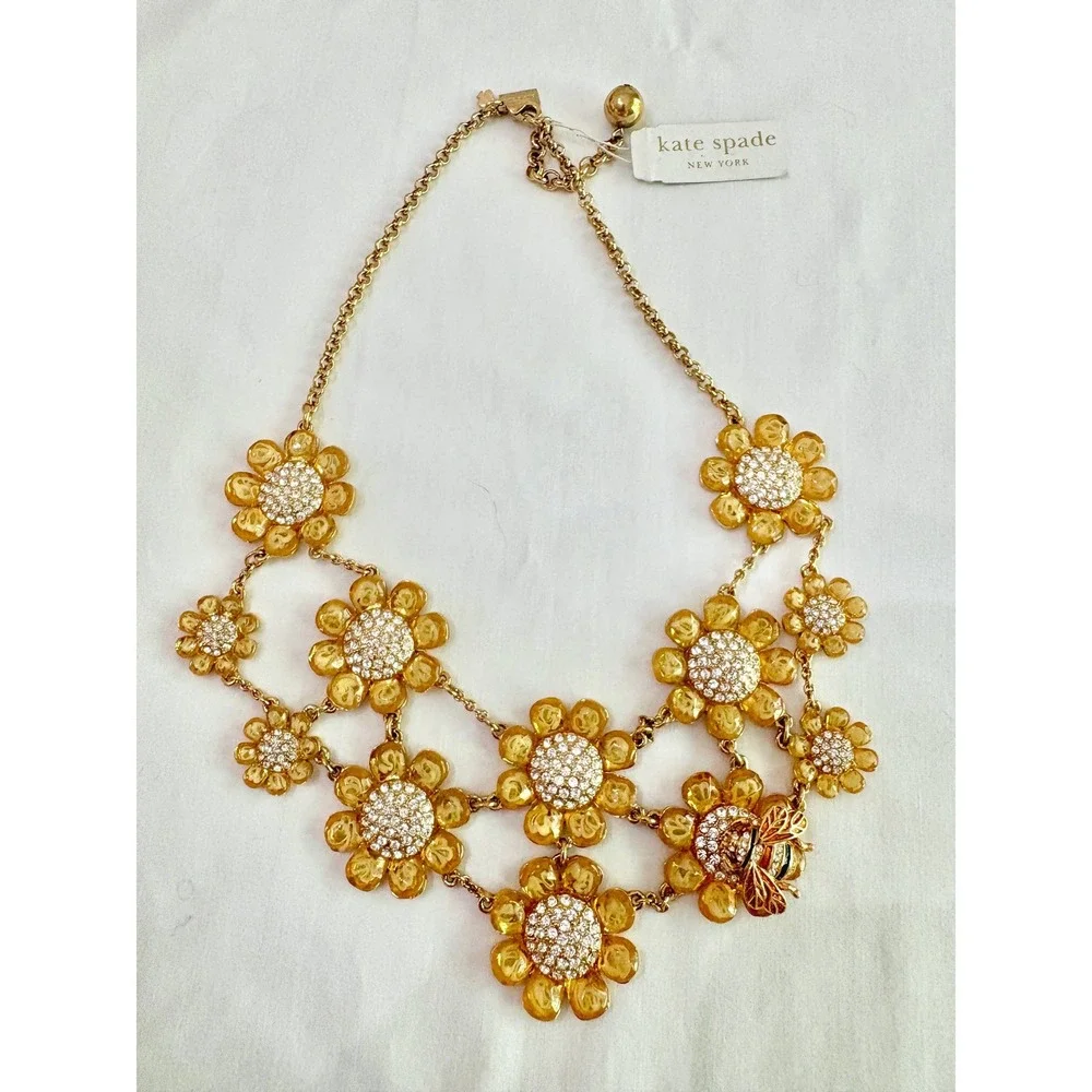 🆕 kate spade 12k Gold Plated Queen Bee Floral Double Bib Statement Necklace